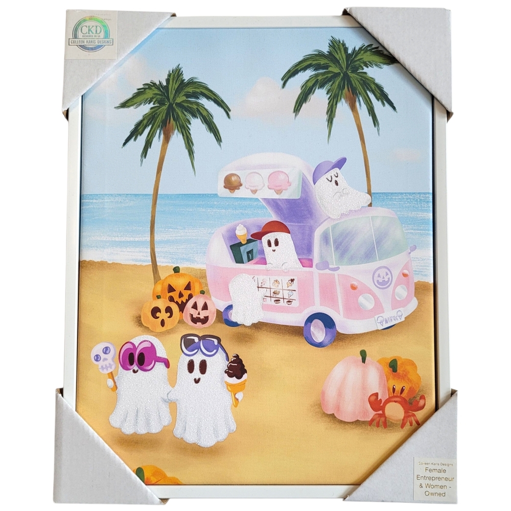 NWT Summerween Ghost Ice Cream Truck Canvas Wall Decor Halloween Coastal 11 x 14